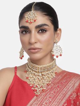 I Jewels - Red Gold Plated Traditional Kundan and Pearl Choker Necklace Jewellery Set