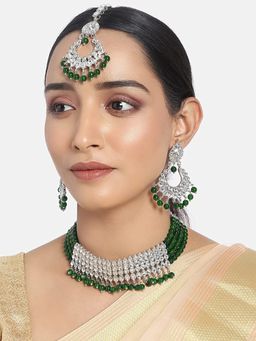 I Jewels - Green Rhodium Plated Ethnic Traditional Kundan and Pearl Choker Necklace Jewellery Set