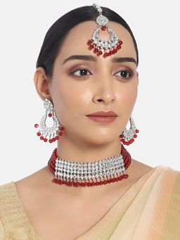 I Jewels - Maroon Rhodium Plated Ethnic Traditional Kundan and Pearl Choker Necklace Jewellery Set