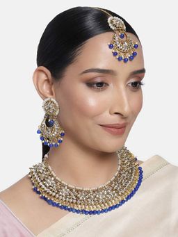 I Jewels - Blue Gold Plated Traditional Kundan and Pearl Bridal Choker Necklace Jewellery Set