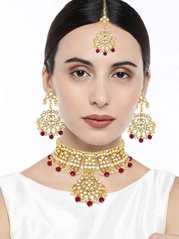 I Jewels - Maroon Gold Plated Traditional Handcrafted Kundan and Pearl Choker Necklace Jewellery Set