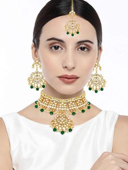 I Jewels - Green Gold Plated Traditional Handcrafted Kundan and Pearl Choker Necklace Jewellery Set