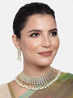 I Jewels - White Gold Plated Traditional Handcrafted Faux Kundan Jewellery Set