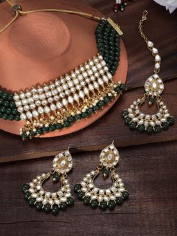 I Jewels - Green Gold-Plated Kundan and Pearl Choker Necklace Jewellery Set