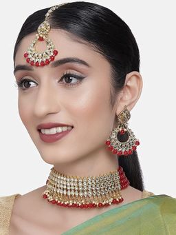 I Jewels - Red Gold-Plated Kundan and Pearl Choker Necklace Jewellery Set