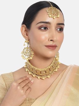I Jewels - Gold Plated Traditional Kundan and Pearl Choker Necklace Jewellery Set
