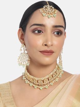 I Jewels - Aqua Gold Plated Traditional Kundan and Pearl Choker Necklace Jewellery Set