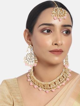 I Jewels - Pink Gold Plated Traditional Kundan and Pearl Choker Necklace Jewellery Set