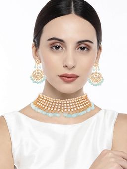 I Jewels - Turquoise Gold Plated Handcrafted Kundan and Pearl Choker Necklace Jewellery Set