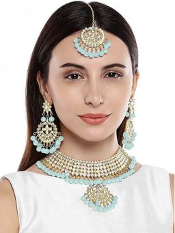 I Jewels - Turquoise Gold Plated Traditional Kundan and Pearl Choker Necklace Jewellery Set