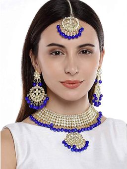 I Jewels - Blue Gold Plated Traditional Kundan and Pearl Choker Necklace Jewellery Set
