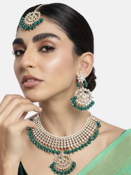 I Jewels - Green Gold Plated Traditional Kundan and Pearl Choker Necklace Jewellery Set