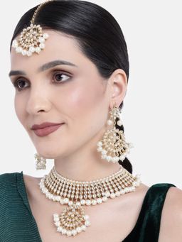 I Jewels - White Gold Plated Traditional Kundan and Pearl Choker Necklace Jewellery Set