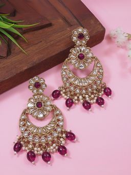 I Jewels - Gold Plated Traditional Kundan Pearl Chandbali Earrings Wine