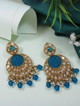 I Jewels - Gold Plated Traditional Kundan Pearl Chandbali Earrings Teal