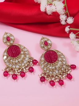 I Jewels - Gold Plated Traditional Kundan Pearl Chandbali Earrings Pink
