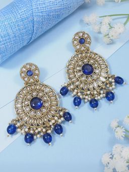 I Jewels - Gold Plated Traditional Kundan Pearl Chandbali Earrings Blue