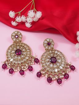 I Jewels - Gold Plated Traditional Kundan Pearl Chandbali Earrings Wine