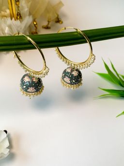 I Jewels - Gold Plated Traditional Handcrafted Meenakari work Hoop Jhumka Earrings -grey