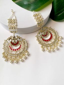 I Jewels - Pink Gold Plated Traditional Kundan Hanging Pearl Earrings with Ear Chain-E3161Q