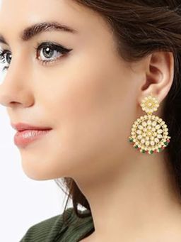 I Jewels - Gold Plated Traditional Kundan Pearl Chandbali Earrings -E2462 -Red Green
