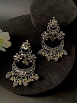 I Jewels - Silver Plated Traditional Pearl Kundan Beaded Chandbali Earrings -E3031ZGr