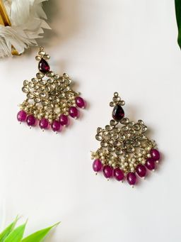 I Jewels - Wine Gold Plated Traditional Kundan Pearl Chandbali Earrings -E3152Wi