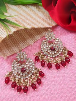 I Jewels - Maroon Gold Plated Traditional Kundan Pearl Chandbali Earrings -E3153M