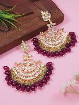 I Jewels - Wine Gold Plated Traditional Kundan Pearl Chandbali Earrings -E3102Wi