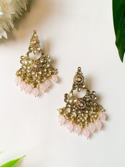 I Jewels - Light Pink Gold Plated Traditional Kundan Pearl Chandbali Earrings -E3156Pi