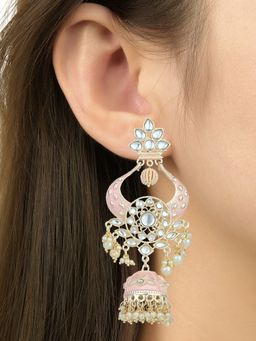 I Jewels - Gold Plated Traditional Kundan Pearl Meenakari Jhumka Earrings -E2902Pi