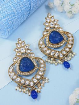 I Jewels - Blue Gold Plated Traditional Kundan Pearl Chandbali Earrings -E3150Bl