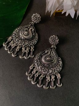 I Jewels - Ethnic Silver Oxidised Afghani Floral and Peacock Design Drop Earrings -E3137OX