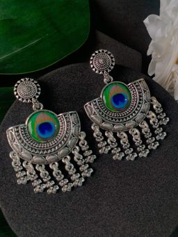 I Jewels - Ethnic Silver Oxidised Afghani Style Peacock Fether Earrings -E3140OX