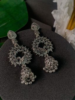 I Jewels - Ethnic Silver Oxidised Afghani Style Peacock Fether Earrings -E3141OX