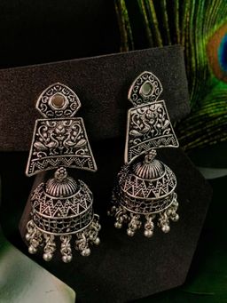 I Jewels - Ethnic Silver Oxidised Afghani Style Trending Jhumka Earrings -E3138OX