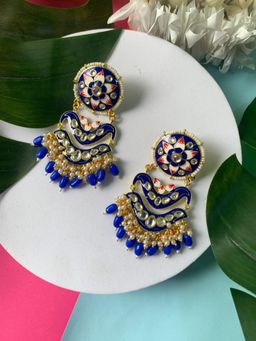 I Jewels - Blue Gold Plated Meenakari Pearl Kundan Beaded Earring -E3133Bl