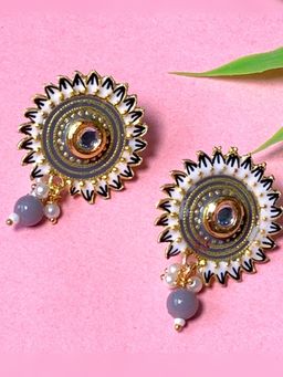 I Jewels - Grey Gold Plated Meenakari Kundan Pearl Drop Chandbali Earrings -E3123Gr