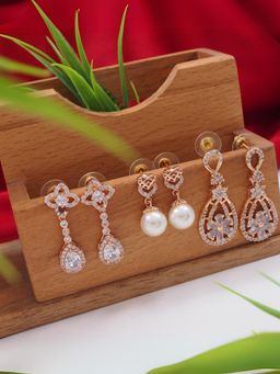 I Jewels - Valentine Special Rose Gold Plated Cubic Zirconia Dangle Combo Earrings