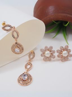 I Jewels - Valentine Special Rose Gold Plated Cubic Zirconia Combo Earrings