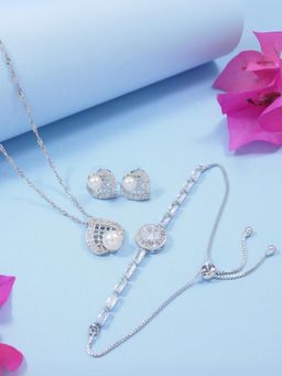 I Jewels - Valentine Special Cubic Zirconia Chain Pendant & Combo Bracelet