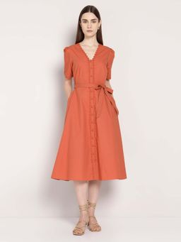 Cover Story - Women Rust Cotton Dress with Belt
