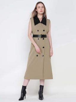 Cover Story - Women Beige Polyester Dress with Belt