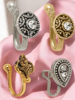 Fabula - Pack of 4 Antique Gold and Oxidised Silver Nose Pin Non-Piercing