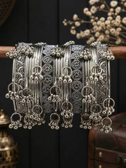 OOMPH - Pack of 21 Oxidised Silver Ghungroo Kashmiri Bangle Pack (2.6)