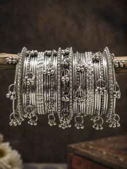 OOMPH - Oxidised Silver Ghungroo Kashmiri Bangles (Pack of 34) (2.6)
