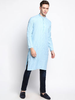 Devoiler - Men Striped Sky Blue Fine Cotton Kurta