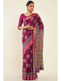 Soch - Women Magenta Cotton Printed Saree with Unstitched