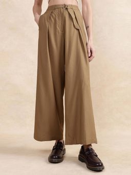 RAREISM - Tarina Brown Solid Straight Trouser with Belt (Set of 2)
