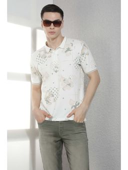CRIMSOUNE CLUB - Men White Floral Print Polo T-Shirt